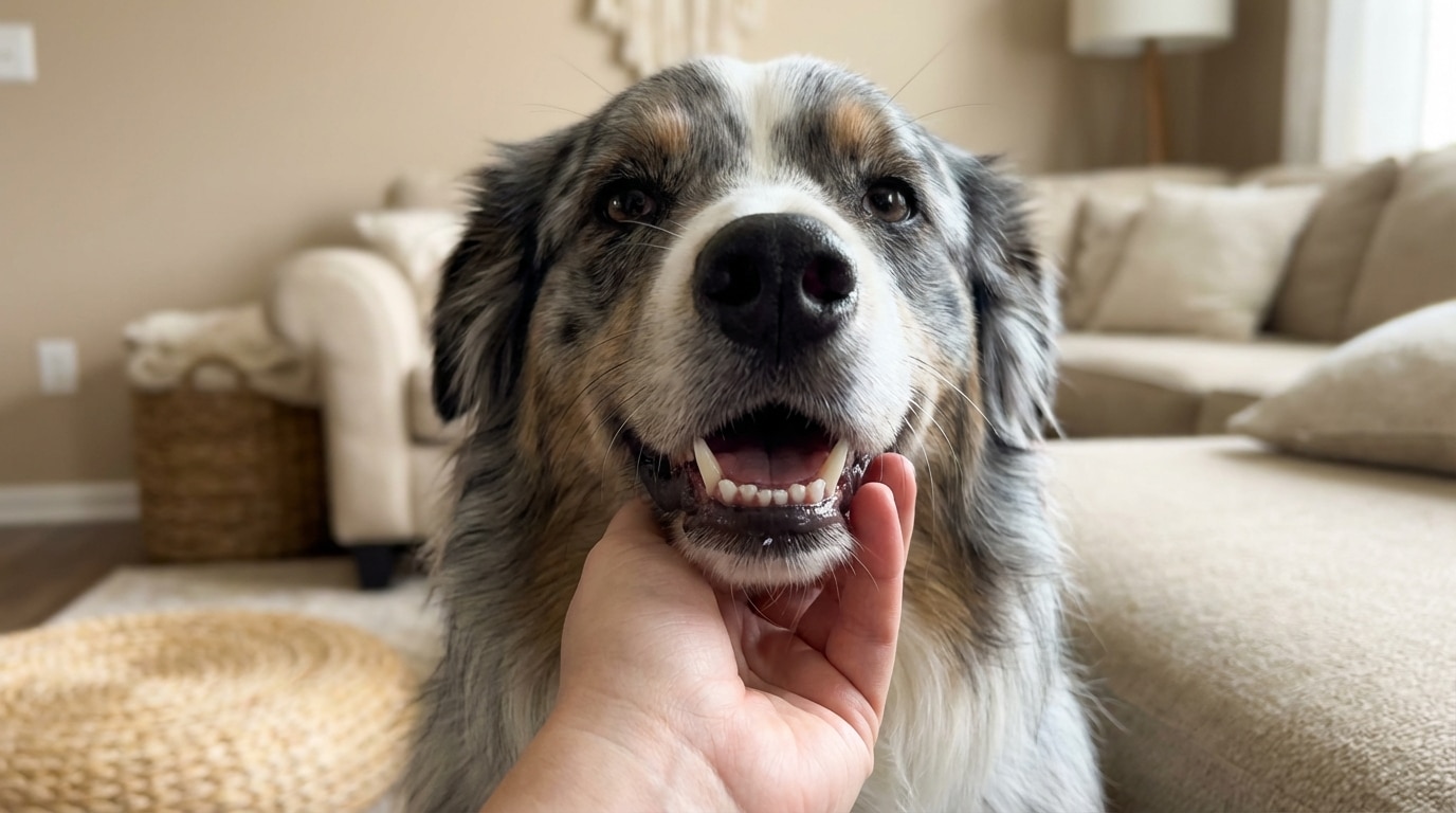 Australian Shepherd lässt sich entspannt die Zähne mit einem Dentalspray pflegen