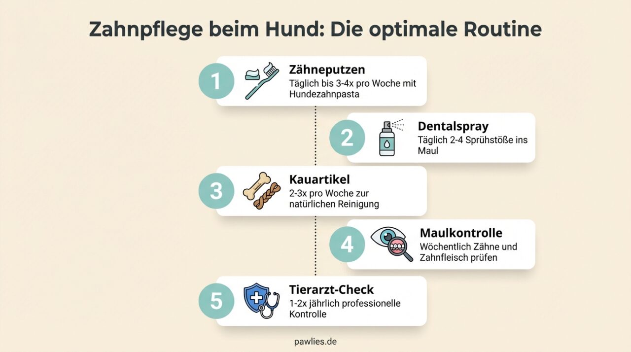Infografik: Zahnpflege beim Hund - Die optimale Routine in 5 Schritten: Zähneputzen, Dentalspray, Kauartikel, Maulkontrolle, Tierarzt-Check