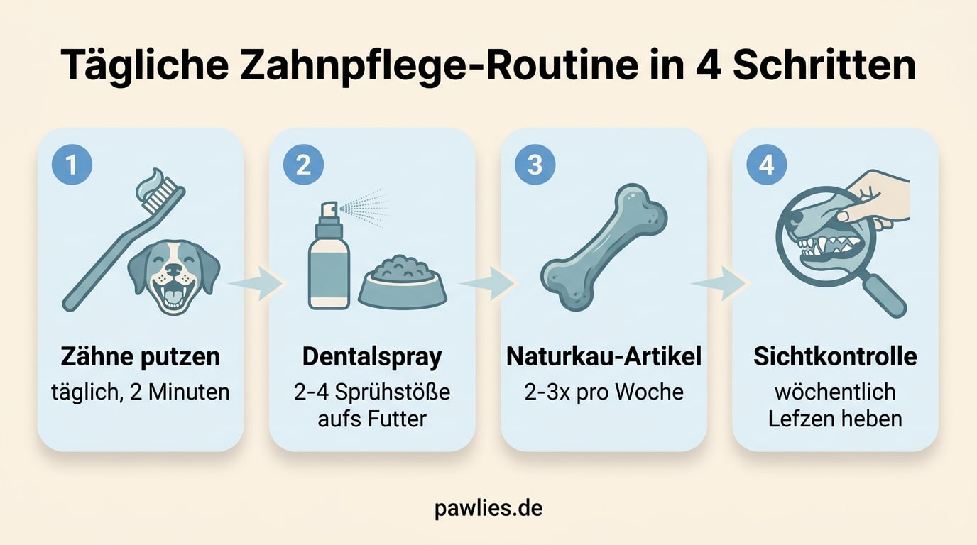 Infografik Tägliche Zahnpflege-Routine in 4 Schritten: Zähne putzen, Dentalspray, Naturkau-Artikel, Sichtkontrolle