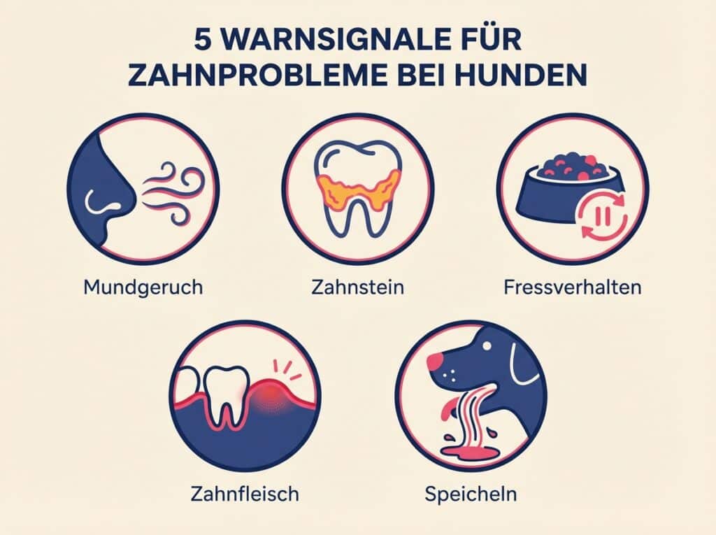 5 Warnsignale für Zahnprobleme beim Hund: Mundgeruch, Zahnstein, verändertes Fressverhalten, gerötetes Zahnfleisch, vermehrtes Speicheln
