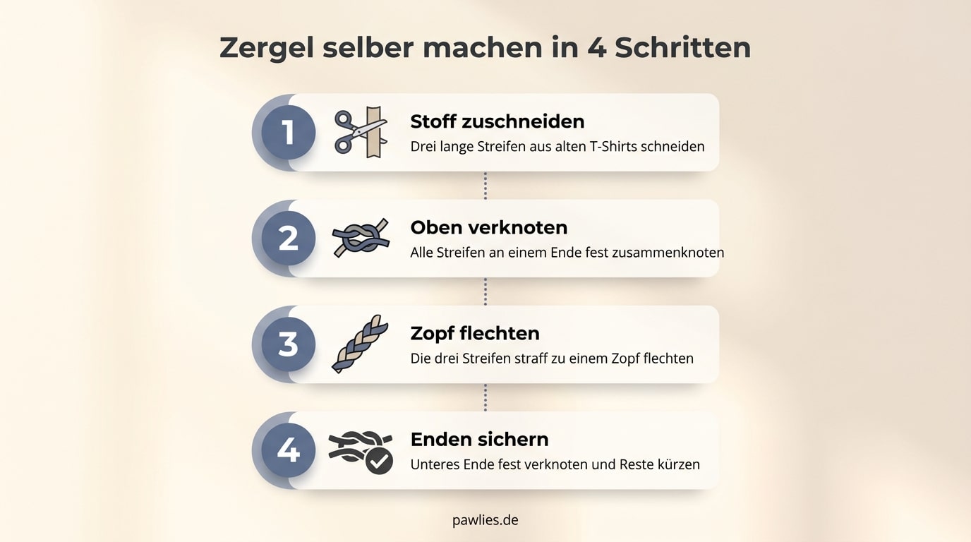 Zergel selber machen in 4 Schritten: Stoff zuschneiden, oben verknoten, Zopf flechten, Enden sichern